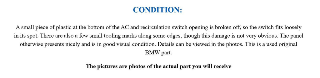 Damaged 1984-1991 BMW E30 Radio HVAC Climate Control Surround Trim Face Panel OE