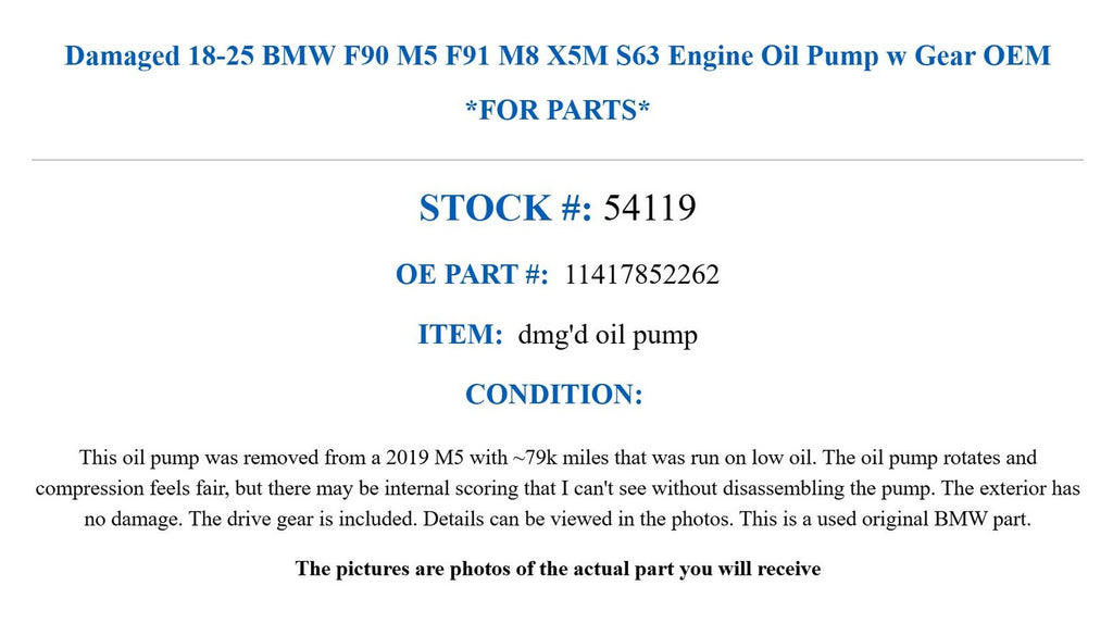 Damaged 18-25 BMW F90 M5 F91 M8 X5M S63 Engine Oil Pump w Gear OEM *FOR PARTS*