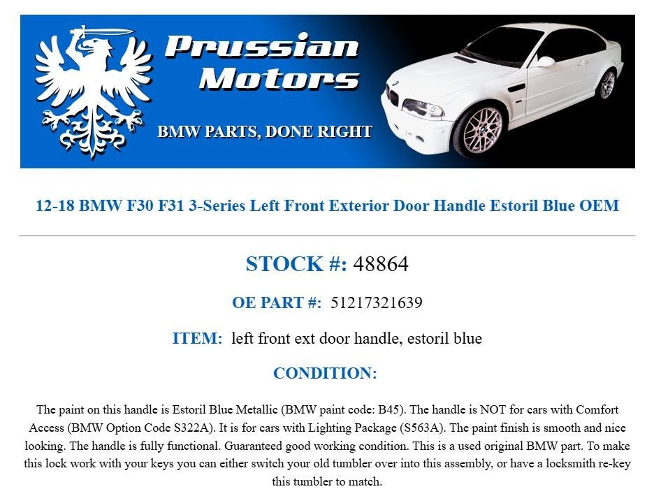 12-18 BMW F30 F31 3-Series Left Front Exterior Door Handle Estoril Blue OEM