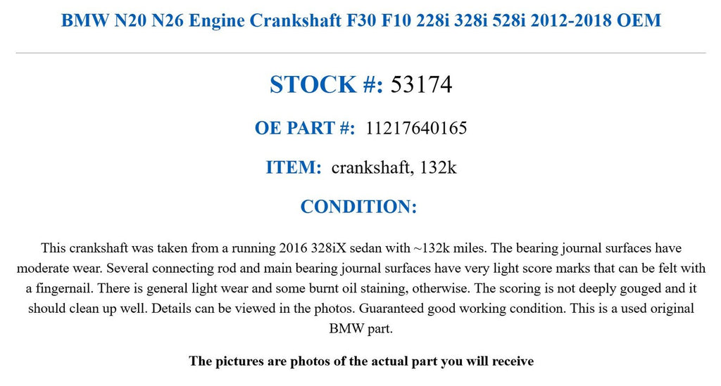 BMW N20 N26 Engine Crankshaft F30 F10 228i 328i 528i 2012-2018 OEM