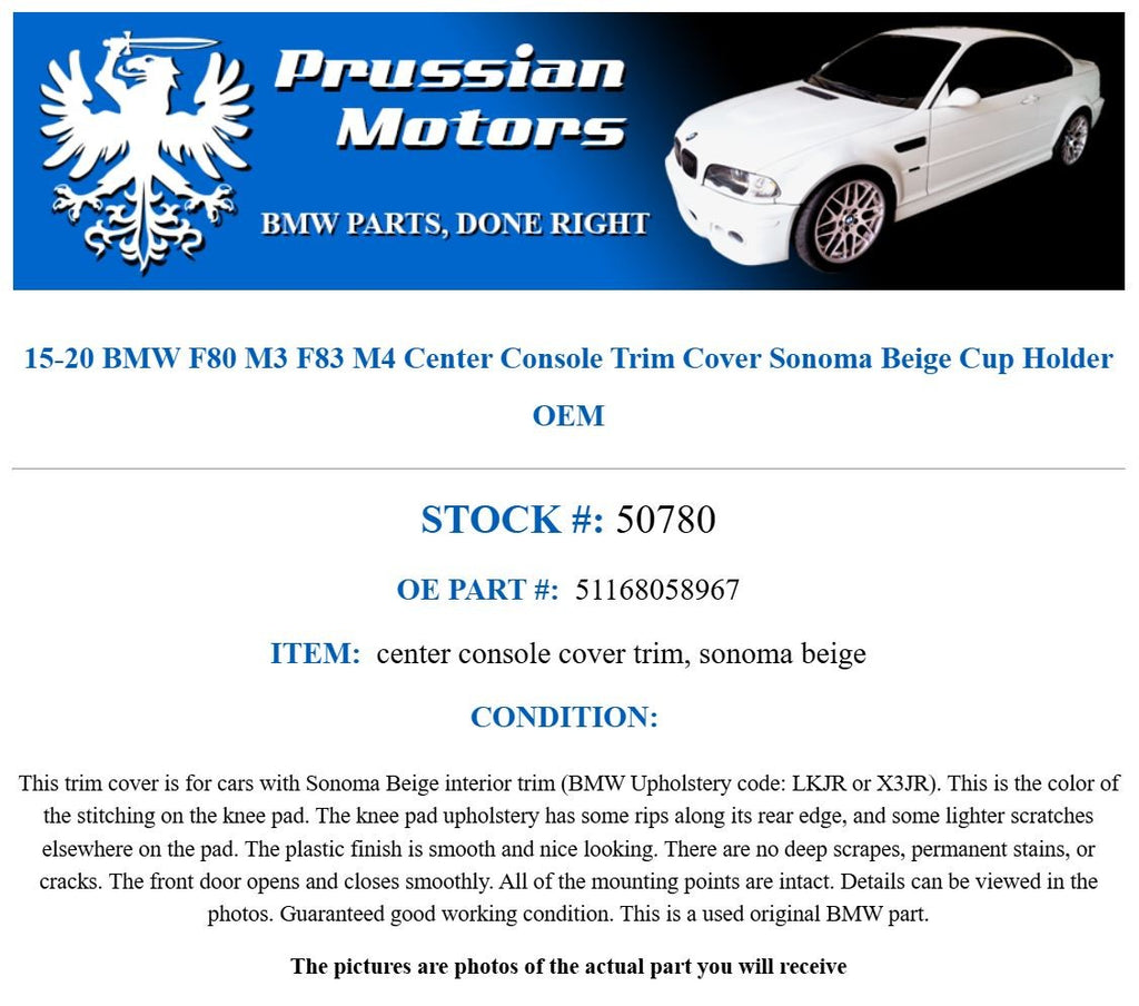15-20 BMW F80 M3 F83 M4 Center Console Trim Cover Sonoma Beige Cup Holder OEM