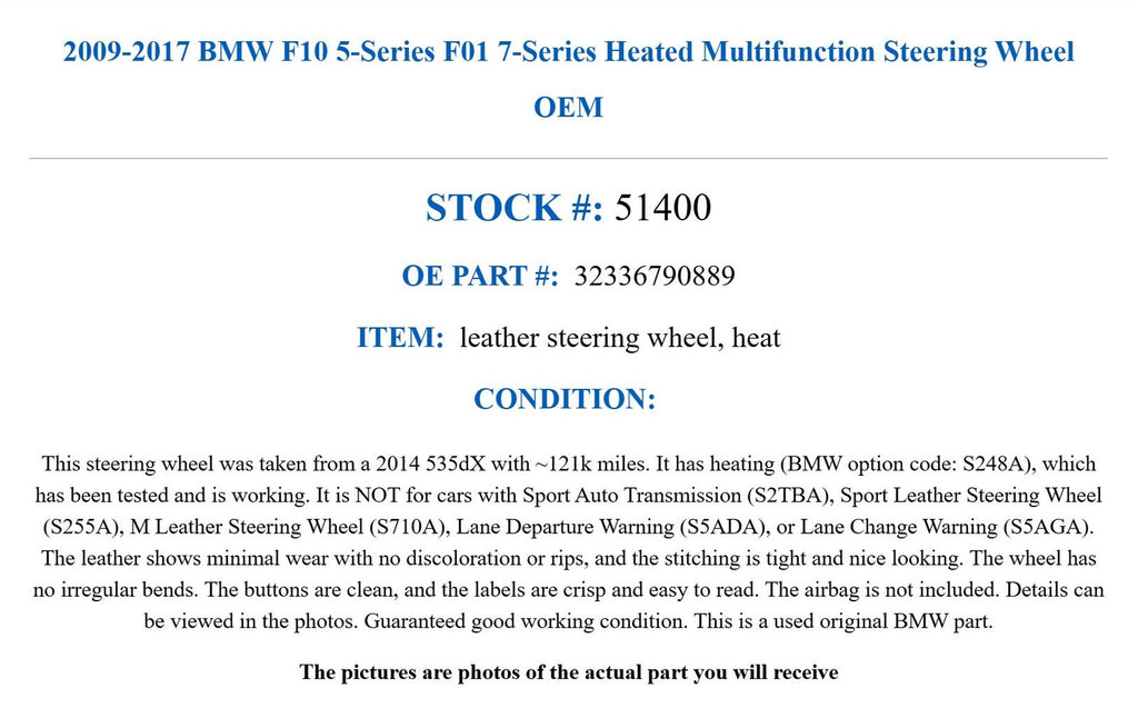 2009-2017 BMW F10 5-Series F01 7-Series Heated Multifunction Steering Wheel OEM