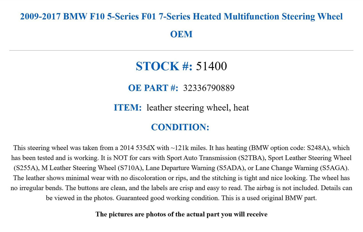 2009-2017 BMW F10 5-Series F01 7-Series Heated Multifunction Steering Wheel OEM