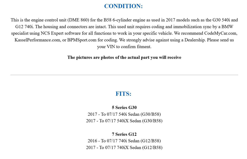 2017 BMW G30 540i G12 740i B58 Early Engine Computer DME 860 OEM