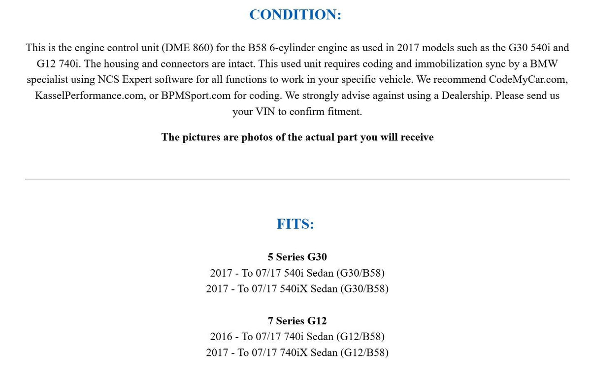 2017 BMW G30 540i G12 740i B58 Early Engine Computer DME 860 OEM