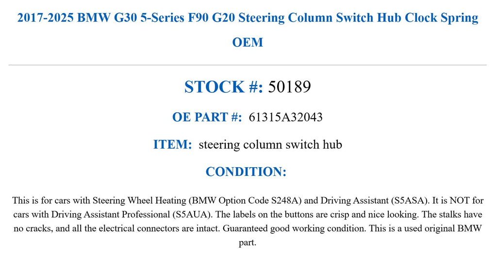 BMW G30 5-Series F90 G20 Steering Column Switch Clock Spring Hub 2017-2025 OEM