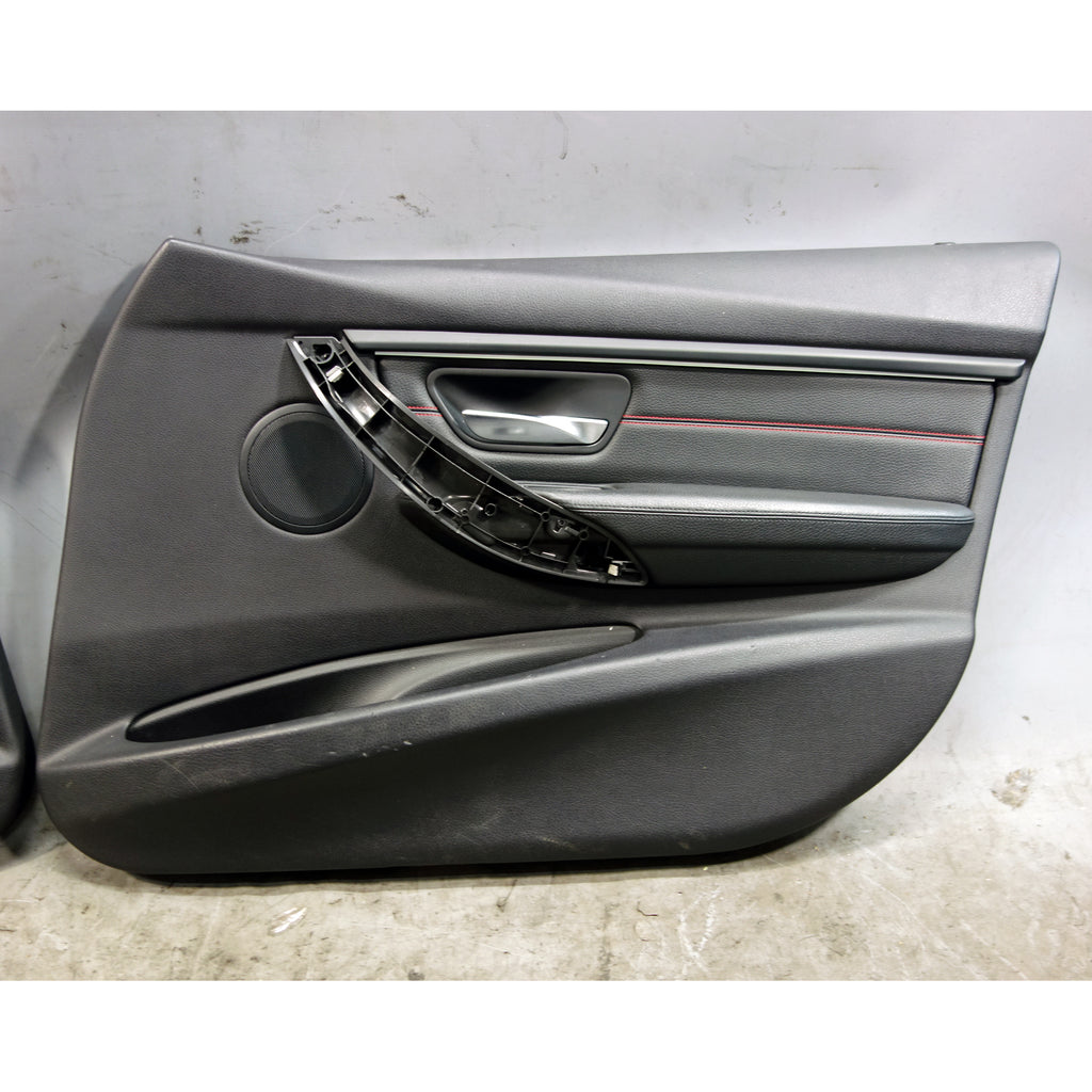 12-19 BMW F30 3-Series Front Interior Door Panels Black Leather Red Accent OEM